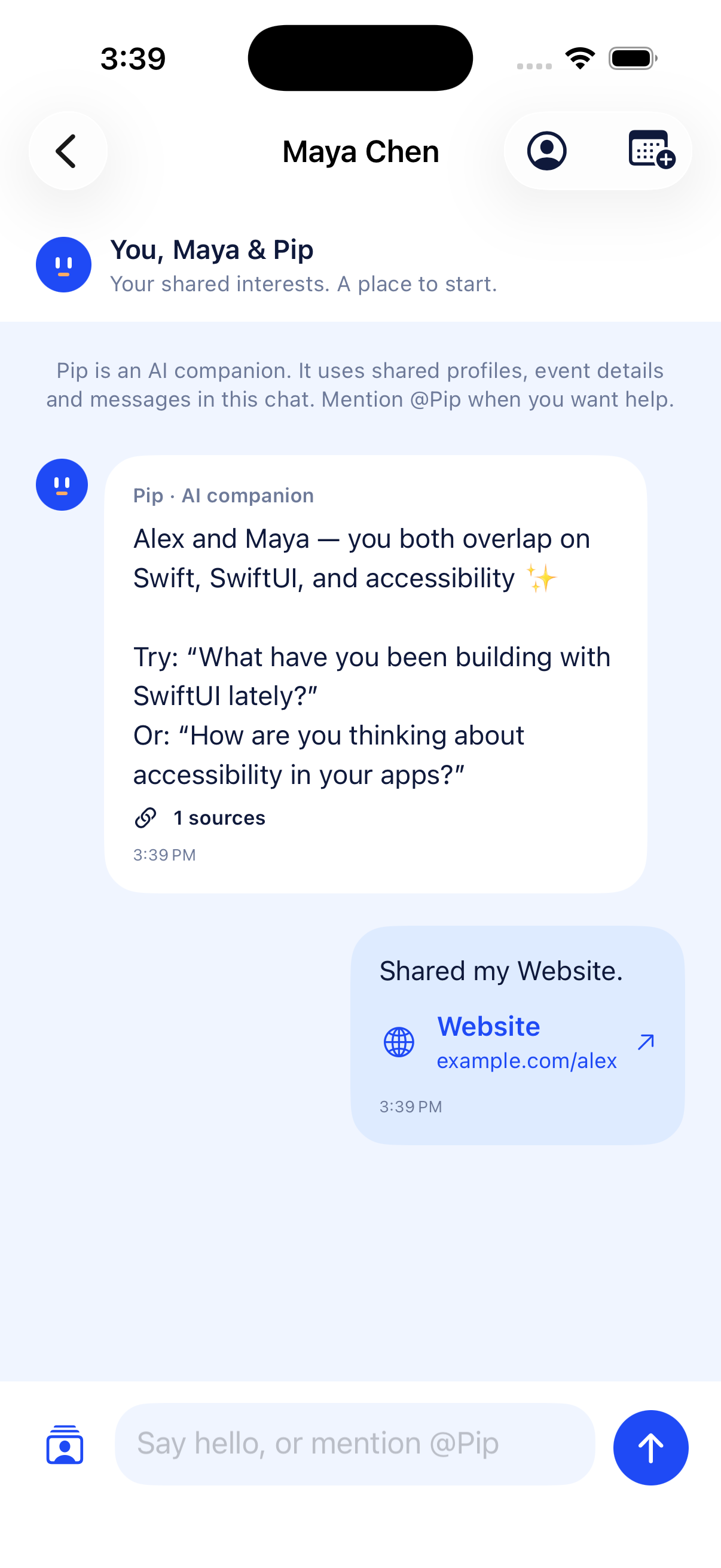 Actual Minglet match chat where Pip introduces fictional attendees Alex and Maya through SwiftUI and accessibility, with a source link and a shared website card.